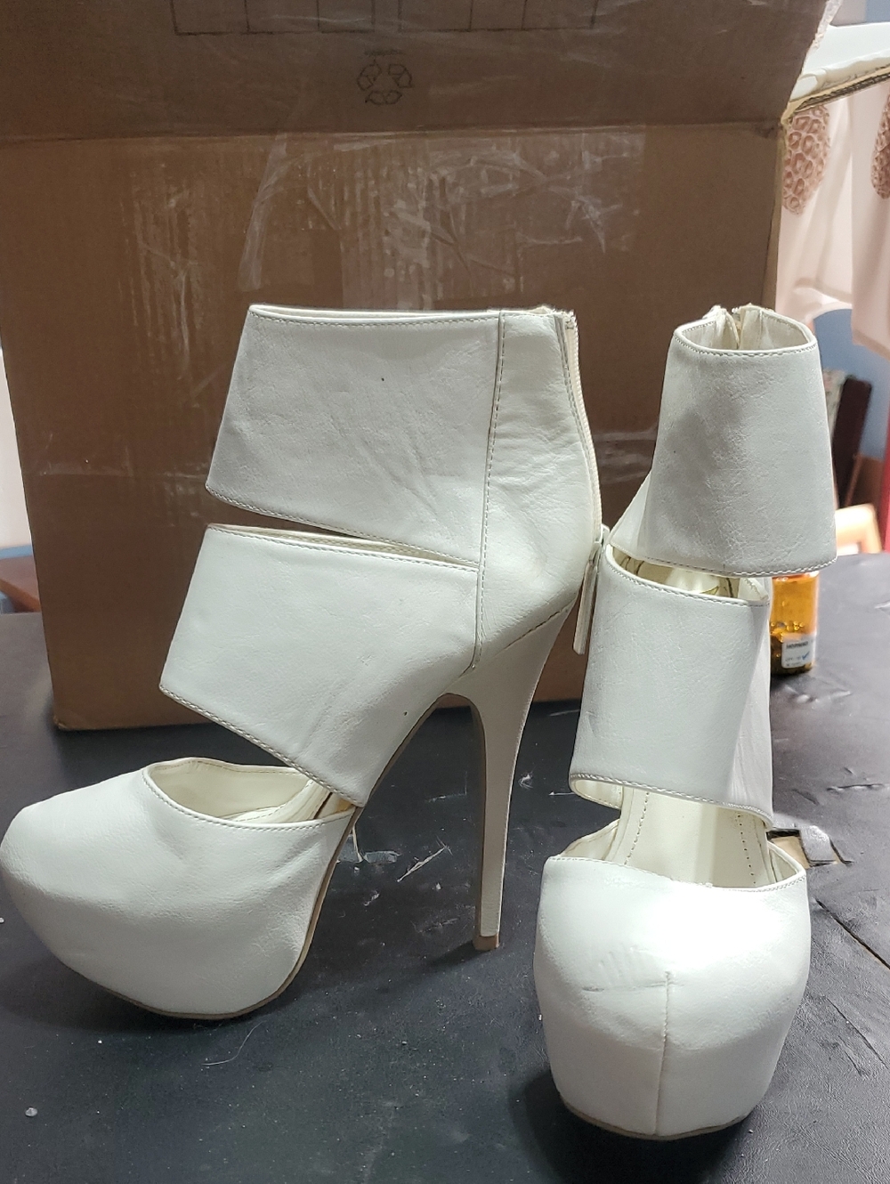 High Heel Platform Ankle Strap Pumps - White, Brand New